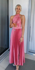Elegant Wedding Guest Outfit A Line Halter Hot Pink Satin Prom Dresses Summer Wedding Guest Dresses Graduation Dresses