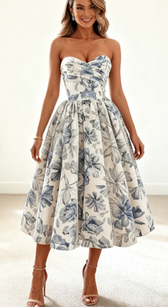 Elegant Wedding Guest Outfit Ball Gown Blue Floral Formal Night Dresse