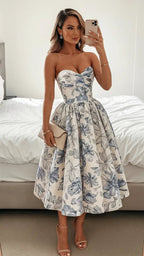 Elegant Wedding Guest Outfit Ball Gown Blue Floral Formal Night Dresses Summer Tea Length Wedding Guest Dresses