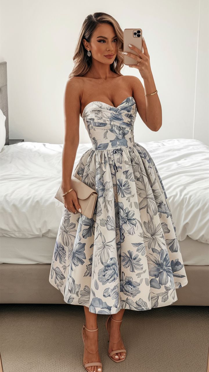 Elegant Wedding Guest Outfit Ball Gown Blue Floral Formal Night Dresses Summer Tea Length Wedding Guest Dresses Main image