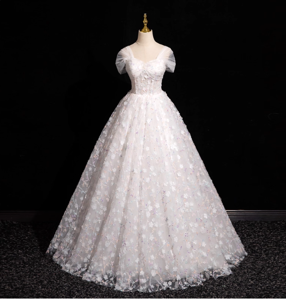 Elegant White 3D Floral Tulle Long Ball Gown Evening Dress Sweet 16 Dress Secondary image