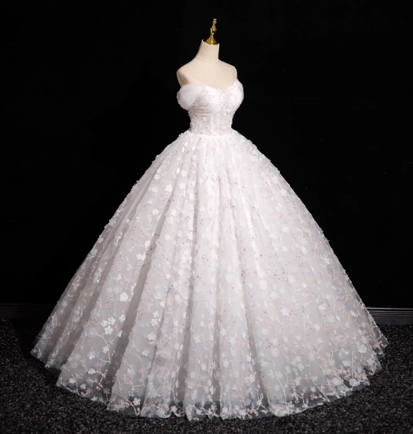 Elegant White 3D Floral Tulle Long Ball Gown Evening Dress Sweet 16 Dress