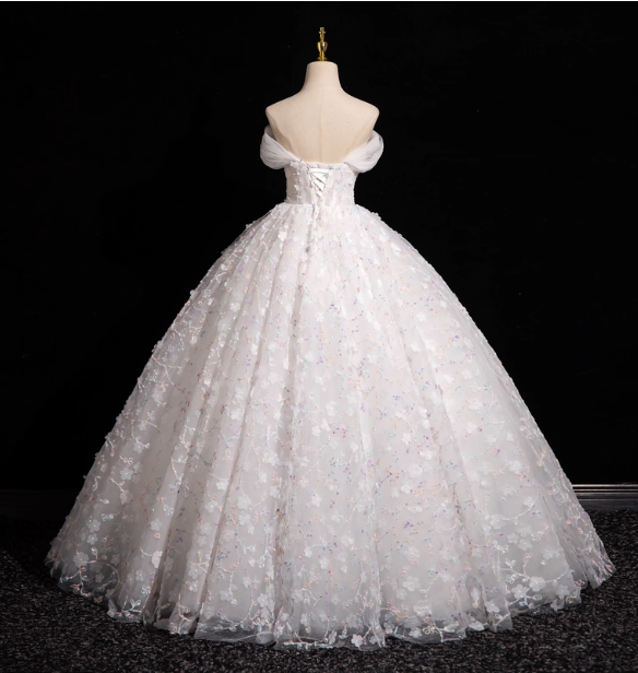 Elegant White 3D Floral Tulle Long Ball Gown Evening Dress Sweet 16 Dress