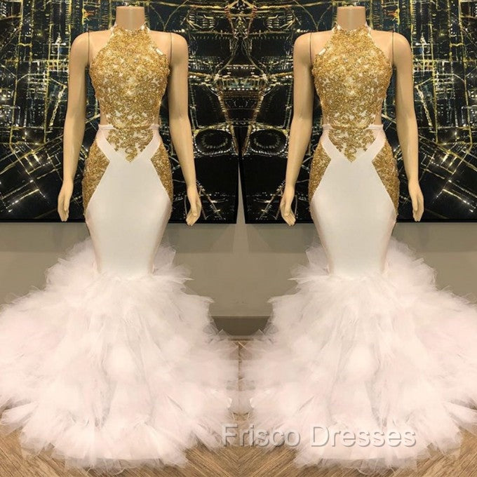 Elegant White And Gold Mermaid Formal Prom Dress Sequins High Collar Chiffon Long Secondary image