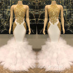 Elegant White And Gold Mermaid Formal Prom Dress Sequins High Collar Chiffon Long