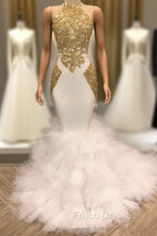 Elegant White And Gold Mermaid Formal Prom Dress Sequins High Collar Chiffon Long