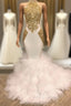 Elegant White And Gold Mermaid Formal Prom Dress Sequins High Collar Chiffon Long