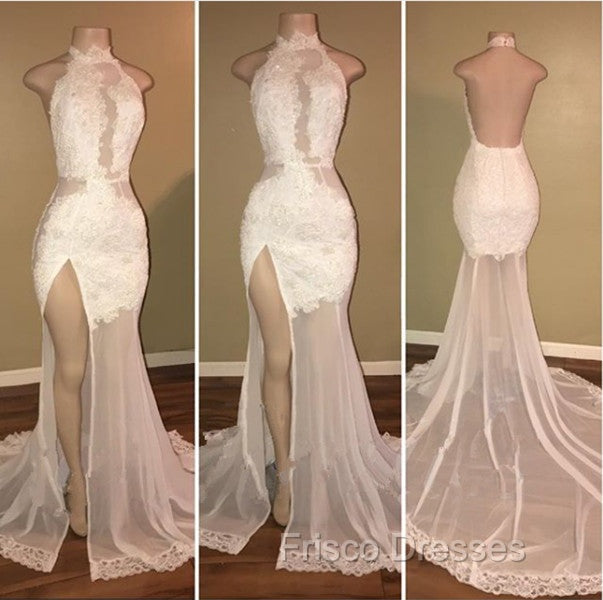 Elegant White Lace Halter Formal Prom Party GownsMermaid Backless Party Dress With Slit Secondary image