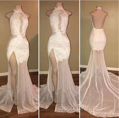 Elegant White Lace Halter Formal Prom Party GownsMermaid Backless Party Dress With Slit