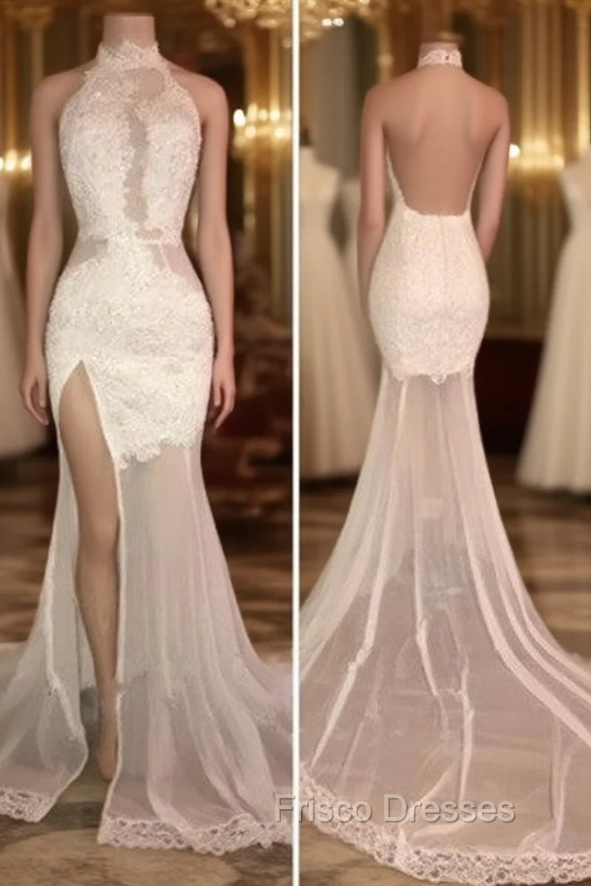Elegant White Lace Halter Formal Prom Party GownsMermaid Backless Party Dress With Slit Main image