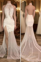 Elegant White Lace Halter Formal Prom Party GownsMermaid Backless Party Dress With Slit
