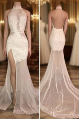 Elegant White Lace Halter Formal Prom Party GownsMermaid Backless Party Dress With Slit