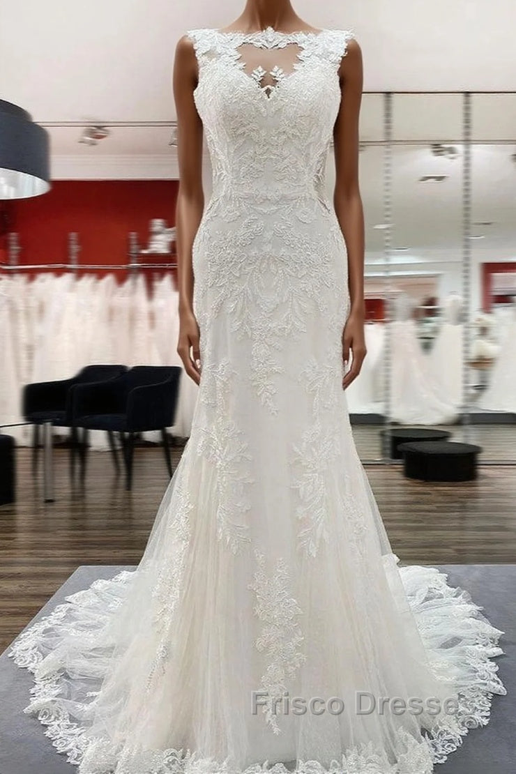 Elegant White Long Mermaid Tulle Lace Open Back Wedding Dress