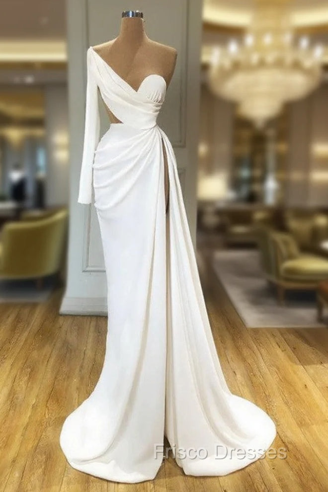 Elegant White Long Sleeve One Shoulder Formal Prom Dress With Split