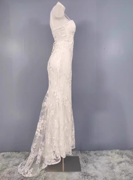 Elegant White Mermaid Spaghetti Strap Lace Slit Long Prom Dress Evening Dress Secondary image