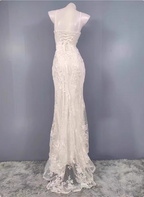 Elegant White Mermaid Spaghetti Strap Lace Slit Long Prom Dress Evening Dress