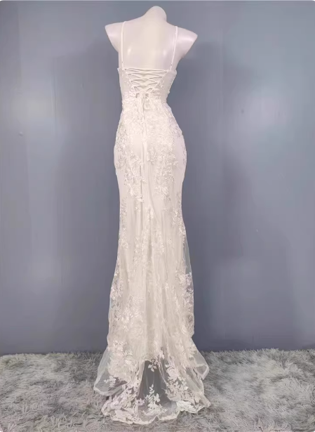 Elegant White Mermaid Spaghetti Strap Lace Slit Long Prom Dress Evening Dress