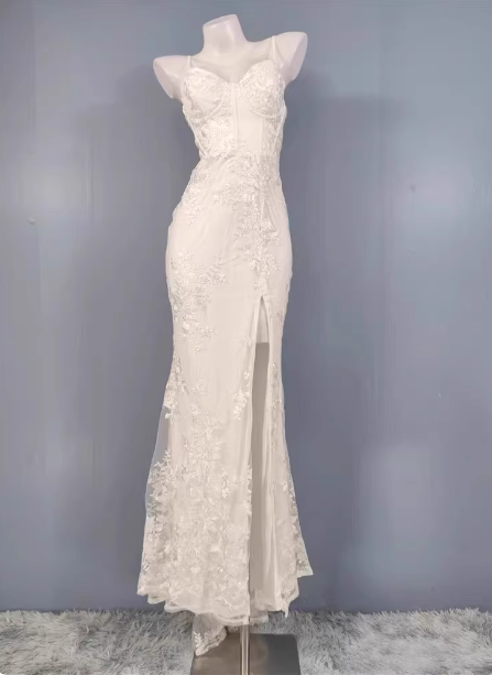Elegant White Mermaid Spaghetti Strap Lace Slit Long Prom Dress Evening Dress Main image