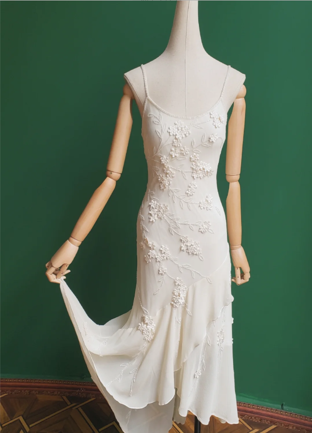 Elegant White Mermaid Spaghetti Strap U-Neck 3D Foral Embroidery Chiffon Prom Dress Evening Dress Main image