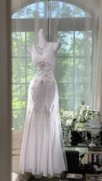 Elegant White Mermaid Strapless V-Neck Beaded Chiffon Long Prom Dress Evening Dress