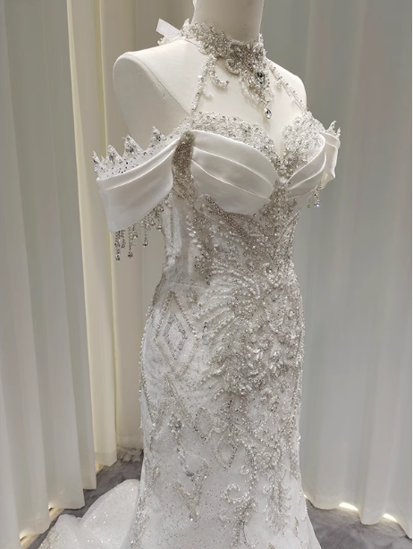 Elegant White Mermaid Train Halter Off-The-Shoulder Beaded Lace Tulle Prom Dress Evening Dress