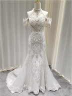 Elegant White Mermaid Train Halter Off-The-Shoulder Beaded Lace Tulle Prom Dress Evening Dress