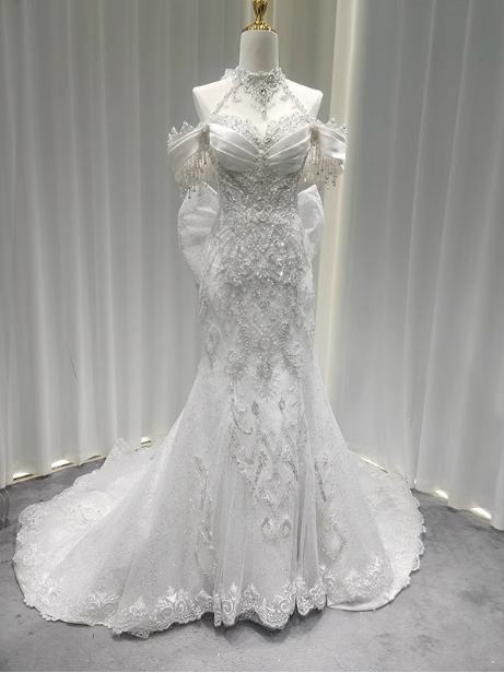 Elegant White Mermaid Train Halter Off-The-Shoulder Beaded Lace Tulle Prom Dress Evening Dress Main image