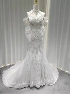 Elegant White Mermaid Train Halter Off-The-Shoulder Beaded Lace Tulle Prom Dress Evening Dress