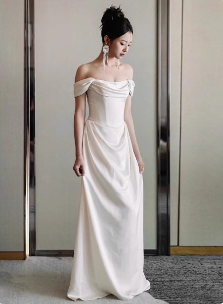 Elegant White Off-The-Shoulder Satin Long Prom Dress Evening Dress Wedding Dress