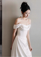 Elegant White Off-The-Shoulder Satin Long Prom Dress Evening Dress Wedding Dress