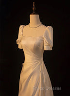 Elegant White Satin A-line Wedding Party Dress Long Formal Prom Dress Evening Gown