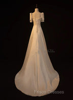 Elegant White Satin A-line Wedding Party Dress Long Formal Prom Dress Evening Gown