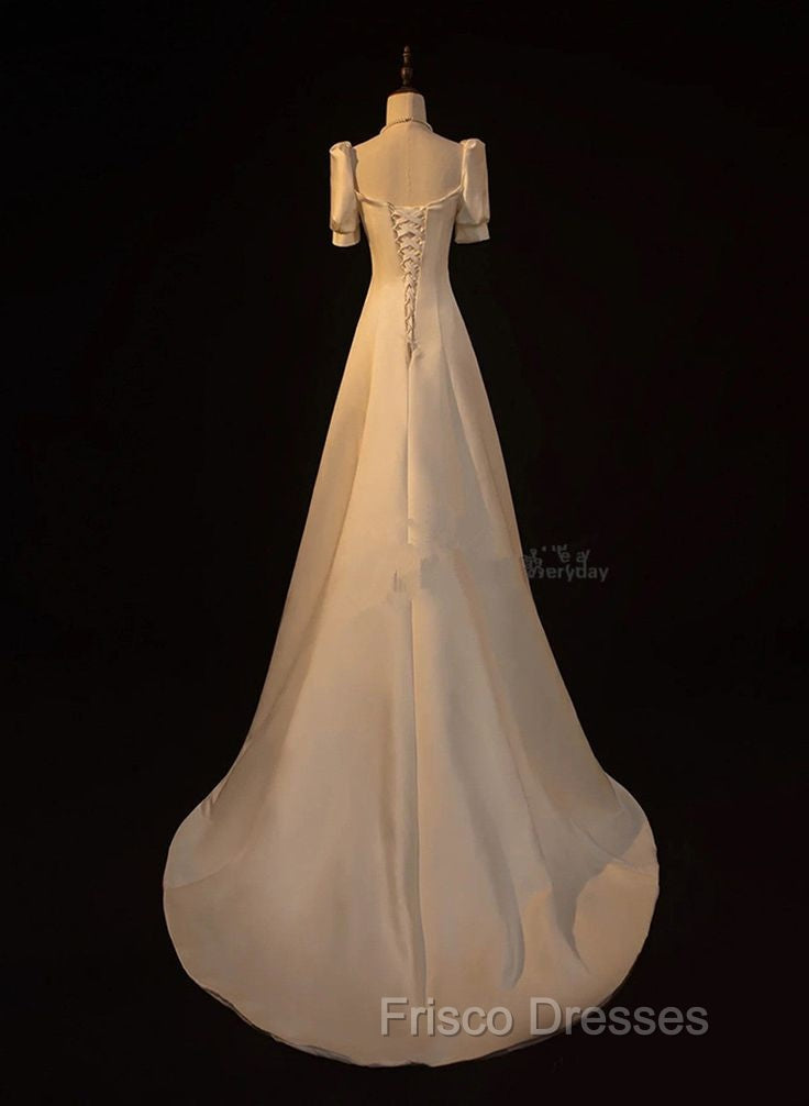 Elegant White Satin A-line Wedding Party Dress Long Formal Prom Dress Evening Gown