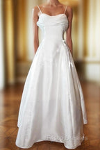 Elegant White Satin Spaghetti Straps Formal Prom Dress Fairy A Line Princess Dress Evening Gown
