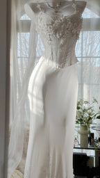 Elegant White Strap Herringbone Beaded Chiffon Evening Gown Prom Dress