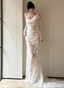 Elegant White Strappy Backless Lace Train Wedding Dress