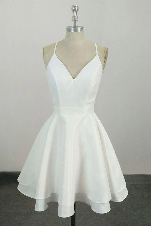 Elegant White V Neck Knee Length Short Prom Dress Homecoming Dress Main image