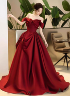 Elegant Burgundy A-Line Off-The-Shoulder Bow-Embellished Satin Long Prom Dress Evening Dress