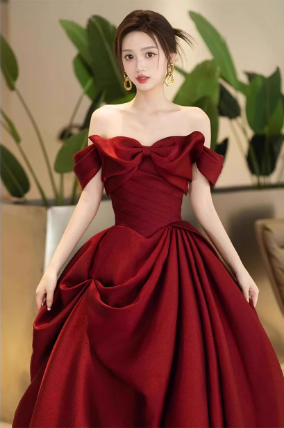 Elegant Burgundy A-Line Off-The-Shoulder Bow-Embellished Satin Long Prom Dress Evening Dress