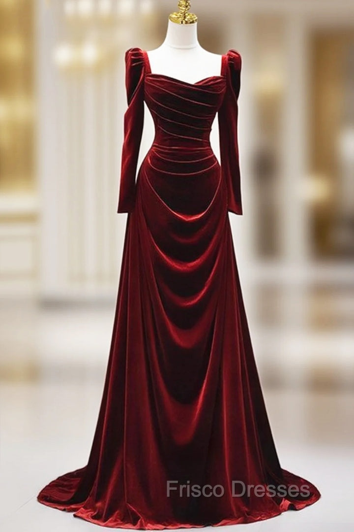 Elegant Wine Red Velvet Long Sleeves Formal Dress, Formal Wedding Party Dress Main image