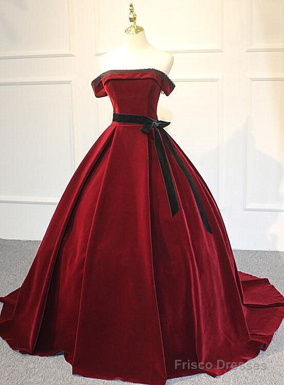 Elegant Wine Red Velvet Sweet 16 Gown With Belt, Off Shoulder Party Gown Main image