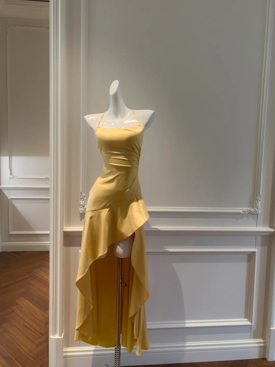 Elegant Yellow Irregular Halter Neck Satin Short Front Long Back Prom Dress Main image