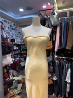 Elegant Yellow Mermaid Strapless Three-Dimensional Floral Satin Long Prom Dress Evening Dress Bridesmaid Dress