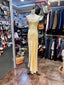 Elegant Yellow Mermaid Strapless Three-Dimensional Floral Satin Long Prom Dress Evening Dress Bridesmaid Dress