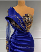 Elgeant Royal Blue One Shoulder Mermaid Formal Prom Dress with Sleeves