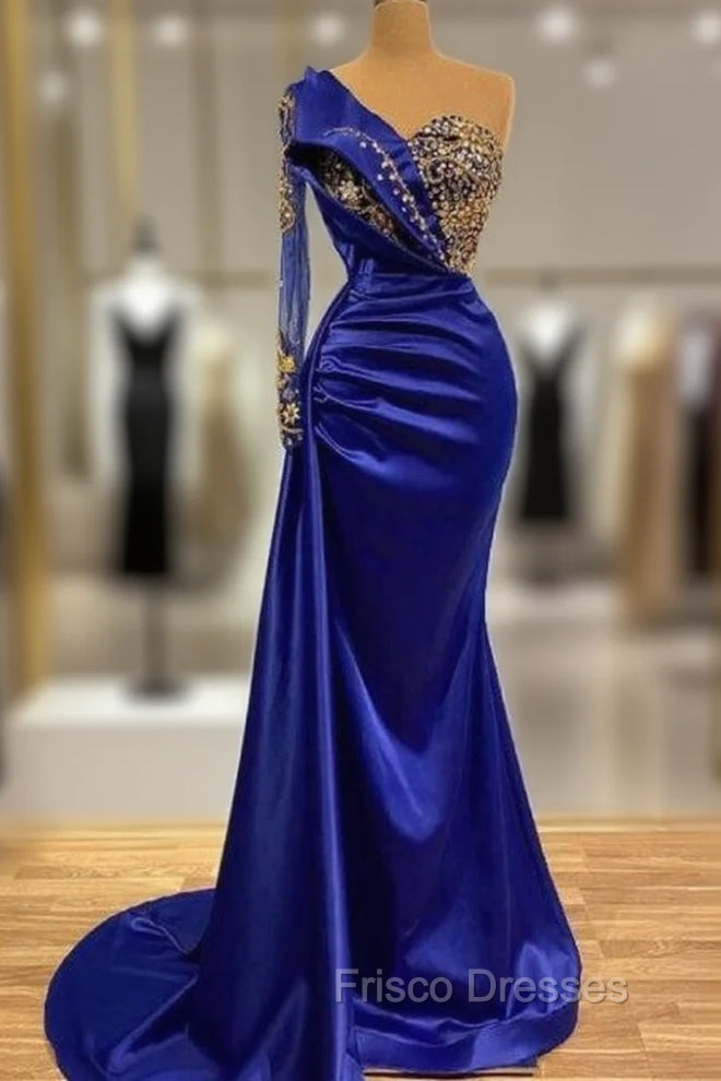 Elgeant Royal Blue One Shoulder Mermaid Formal Prom Dress with Sleeves
