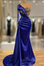 Elgeant Royal Blue One Shoulder Mermaid Formal Prom Dress with Sleeves