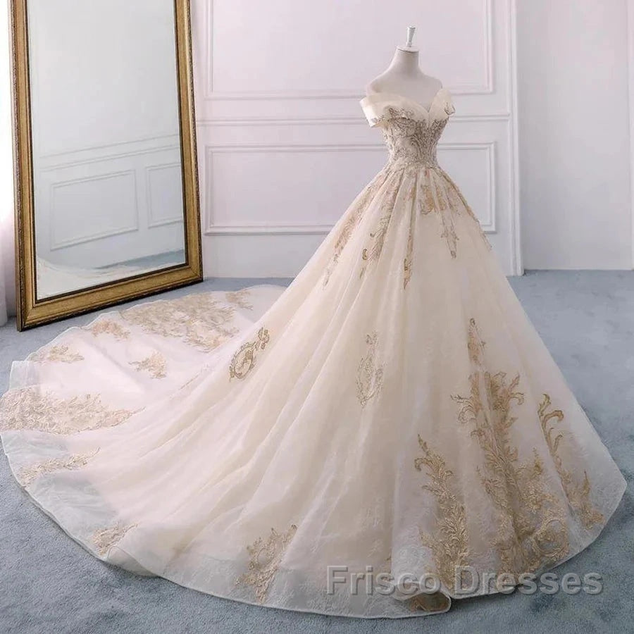 Embroidered Off-The-Shoulder Wedding Dress