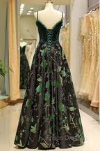 Embroidery Green Floral Long Formal Prom Evening Dress