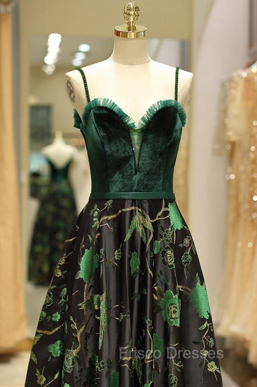 Embroidery Green Floral Long Formal Prom Evening Dress